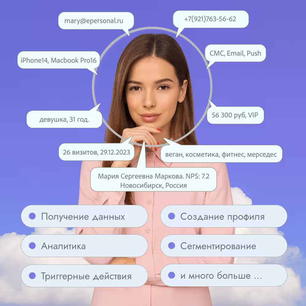 Концепт-схема ClientPulse: получение данных, создание профиля, аналитика и сегментирование клиентов