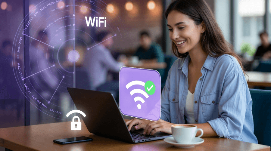 Женщина работает с ноутбуком в кафе с автоматическим подключением к WiFly OpenRoaming - безопасное подключение к Wi-Fi без паролей